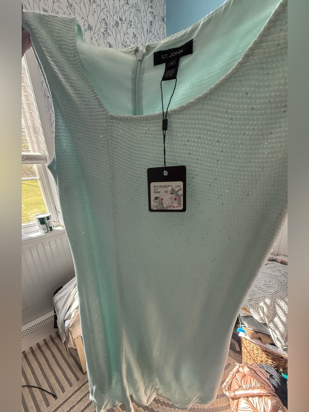 St. John Mint Green Sleeveless Knit Dress with Subtle Sparkle